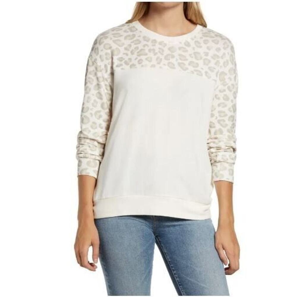 Gibsonlook Colorblock Cozy Semi-Sheer Pullover in Oatmeal Animal Medium MSRP $58
